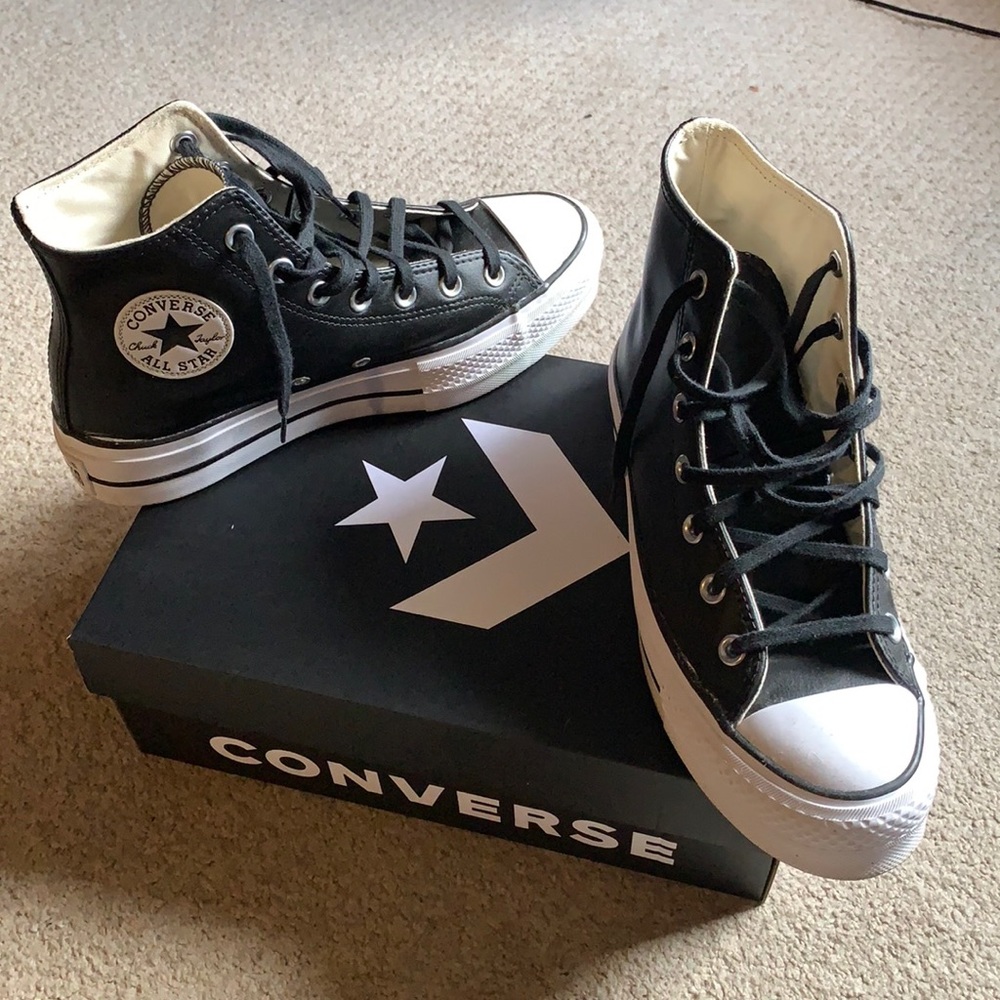 Black & White Leather High Top Converse Sneakers